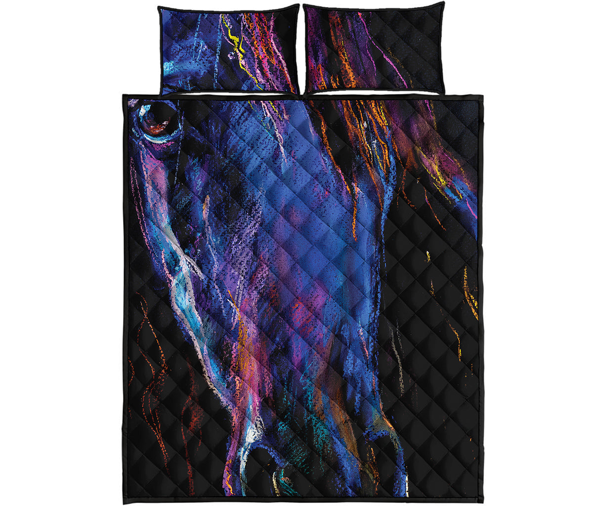 Dark Blue Horse Portrait Print Quilt Bed Set