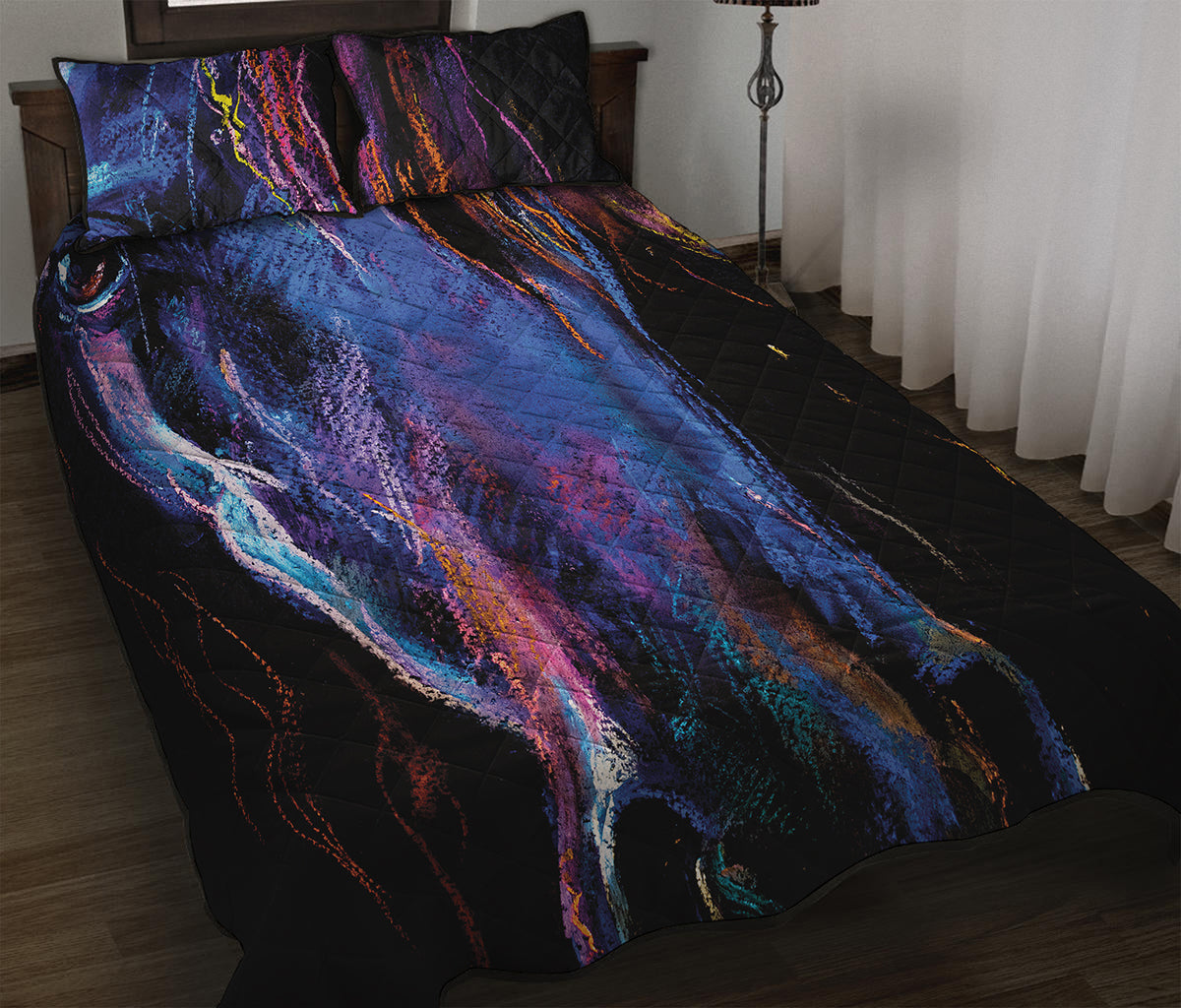 Dark Blue Horse Portrait Print Quilt Bed Set