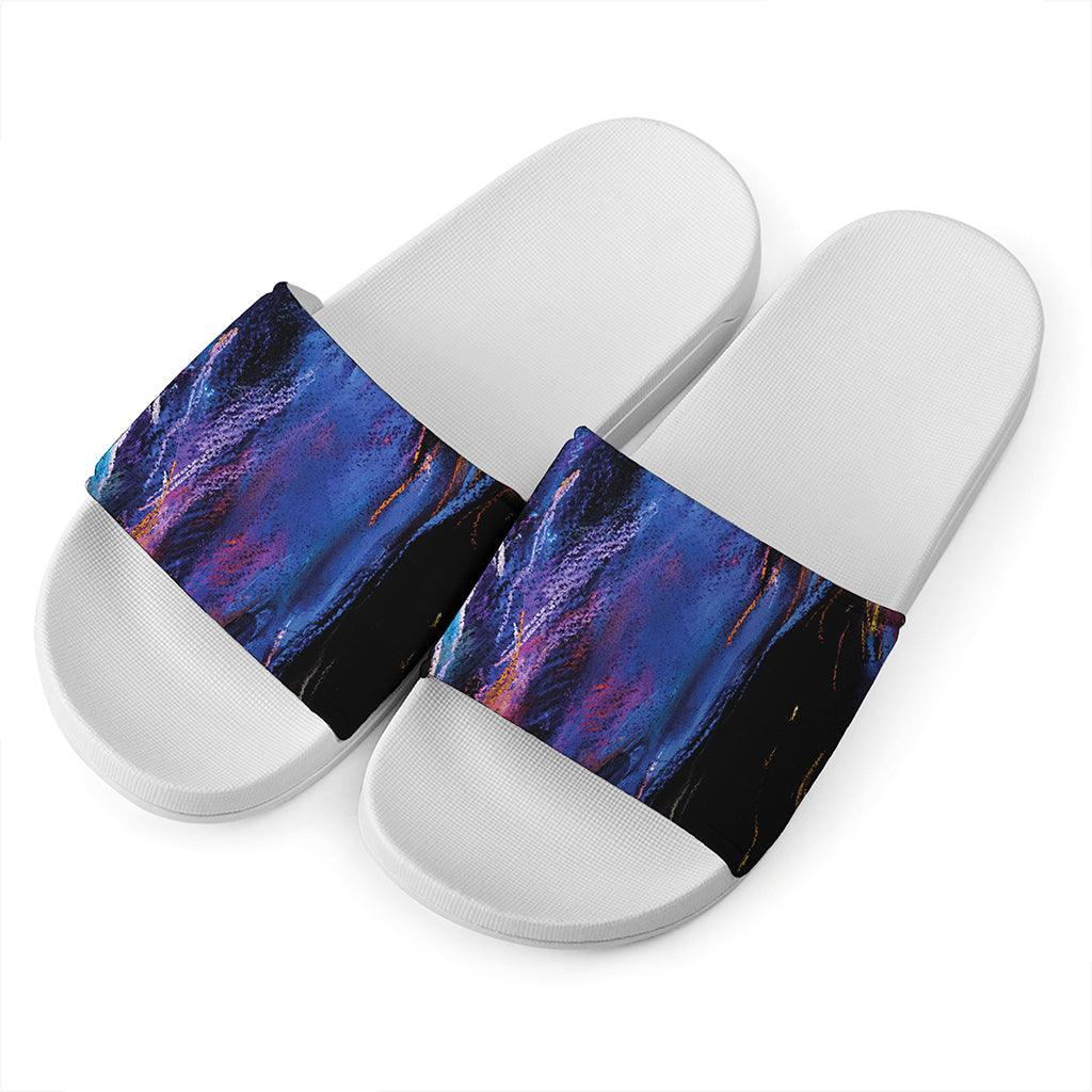Dark Blue Horse Portrait Print White Slide Sandals