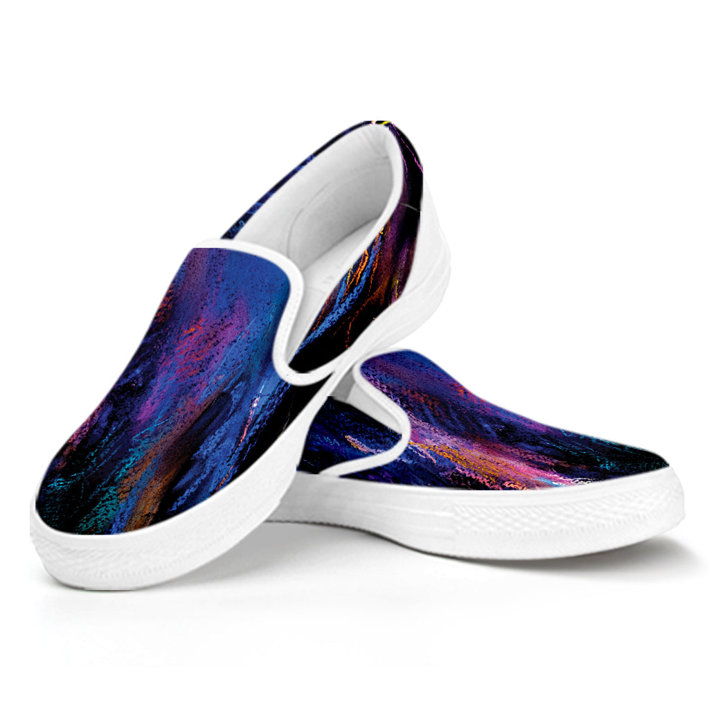 Dark Blue Horse Portrait Print White Slip On Shoes