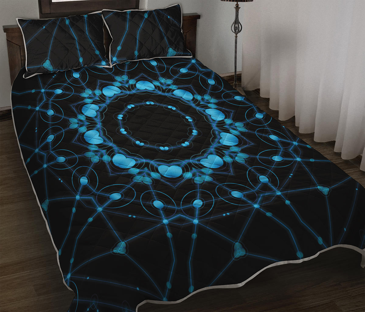 Dark Blue Kaleidoscope Print Quilt Bed Set