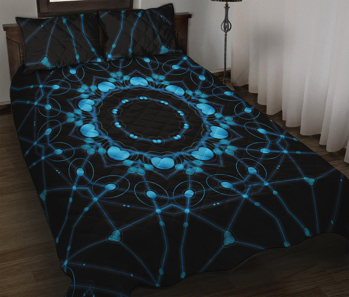 Dark Blue Kaleidoscope Print Quilt Bed Set
