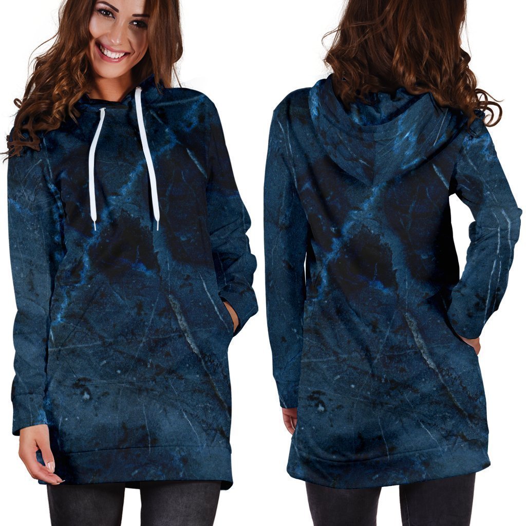 Dark Blue Marble Print Hoodie Dress GearFrost
