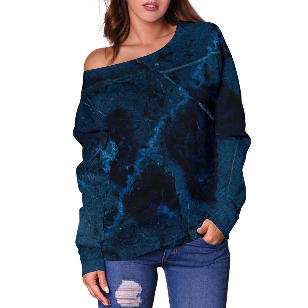 Dark Blue Marble Print Off Shoulder Sweatshirt GearFrost