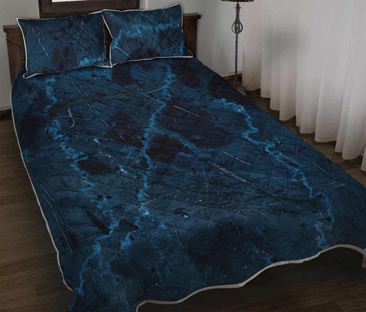 Dark Blue Marble Print Quilt Bed Set