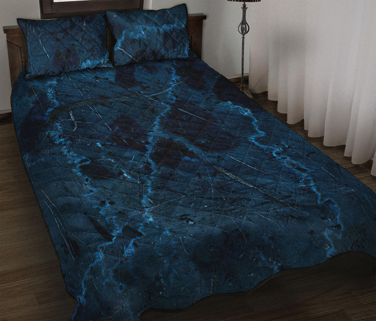 Dark Blue Marble Print Quilt Bed Set