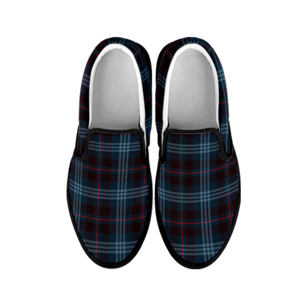 Dark Blue Tartan Pattern Print Black Slip On Shoes