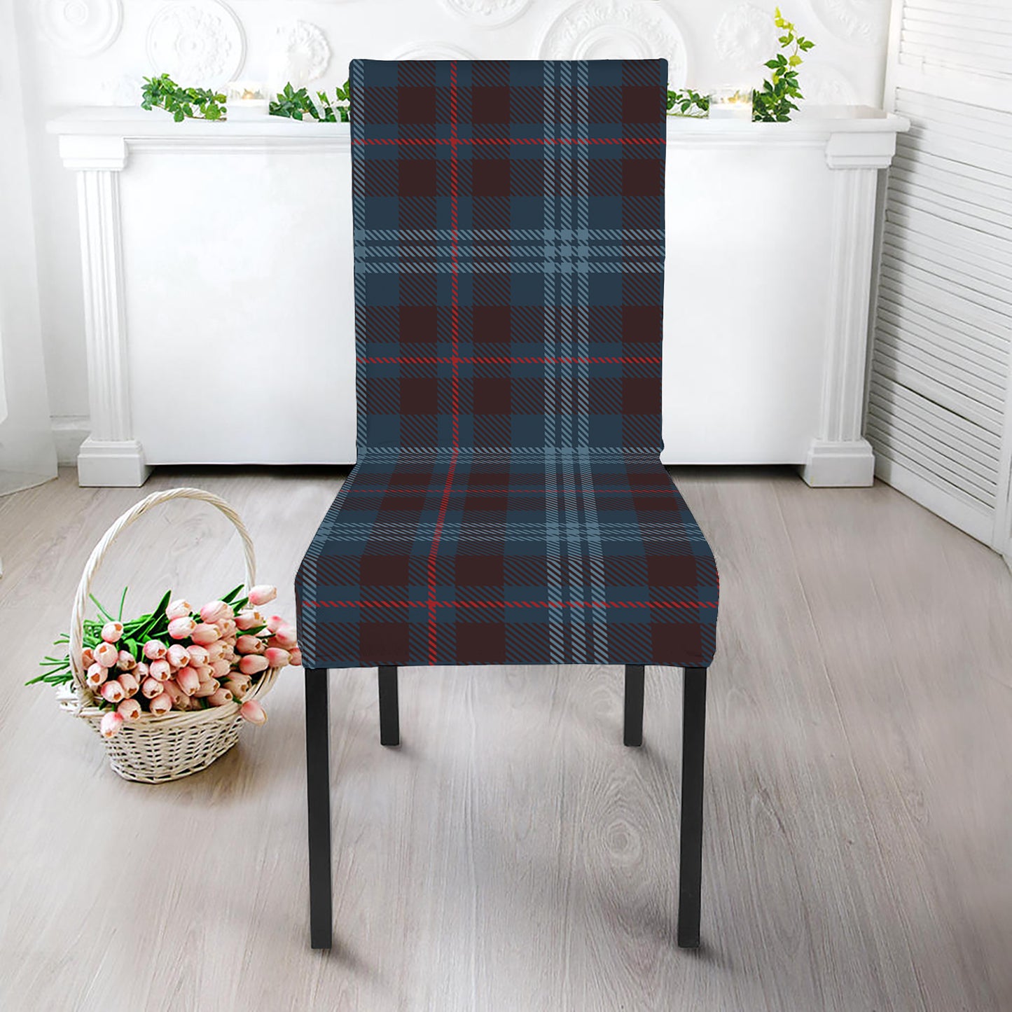 Dark Blue Tartan Pattern Print Dining Chair Slipcover