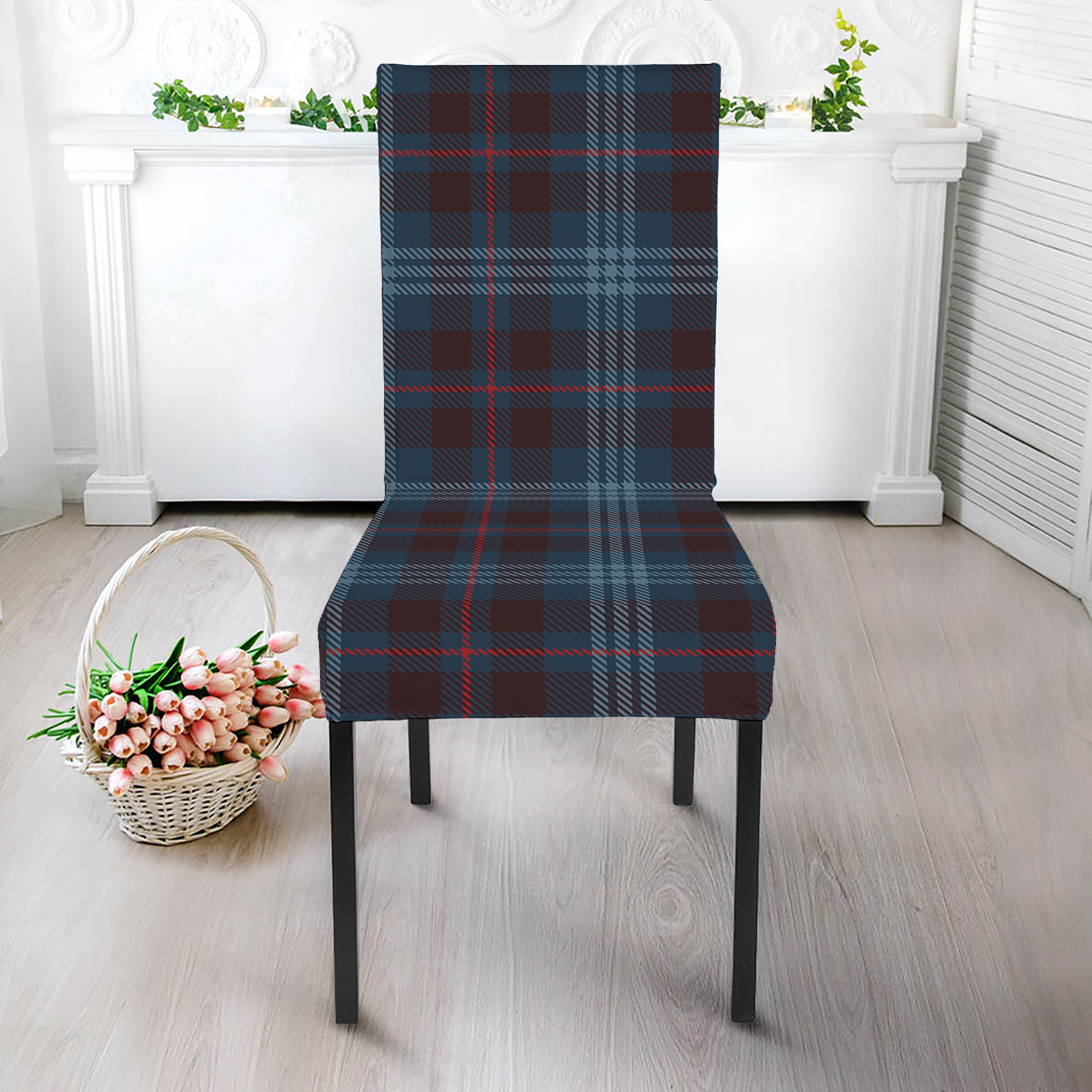 Dark Blue Tartan Pattern Print Dining Chair Slipcover