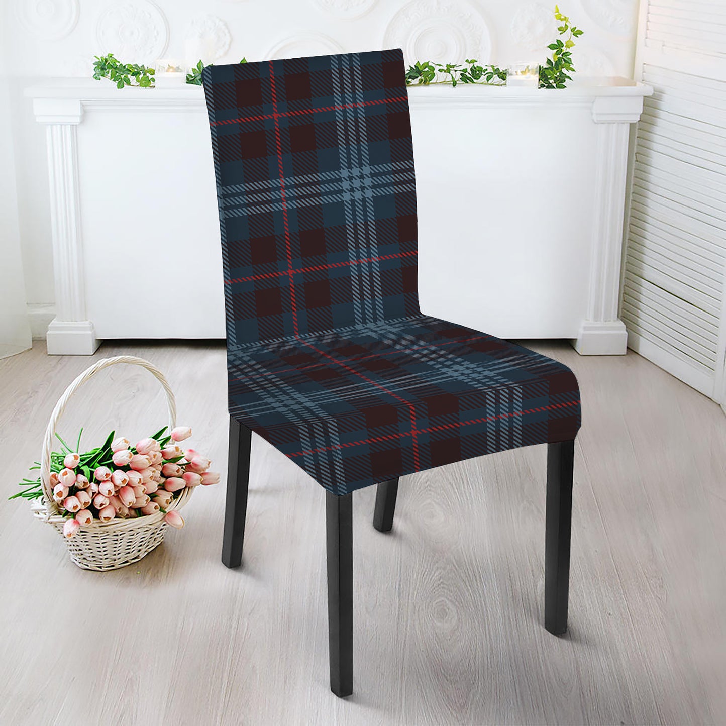 Dark Blue Tartan Pattern Print Dining Chair Slipcover