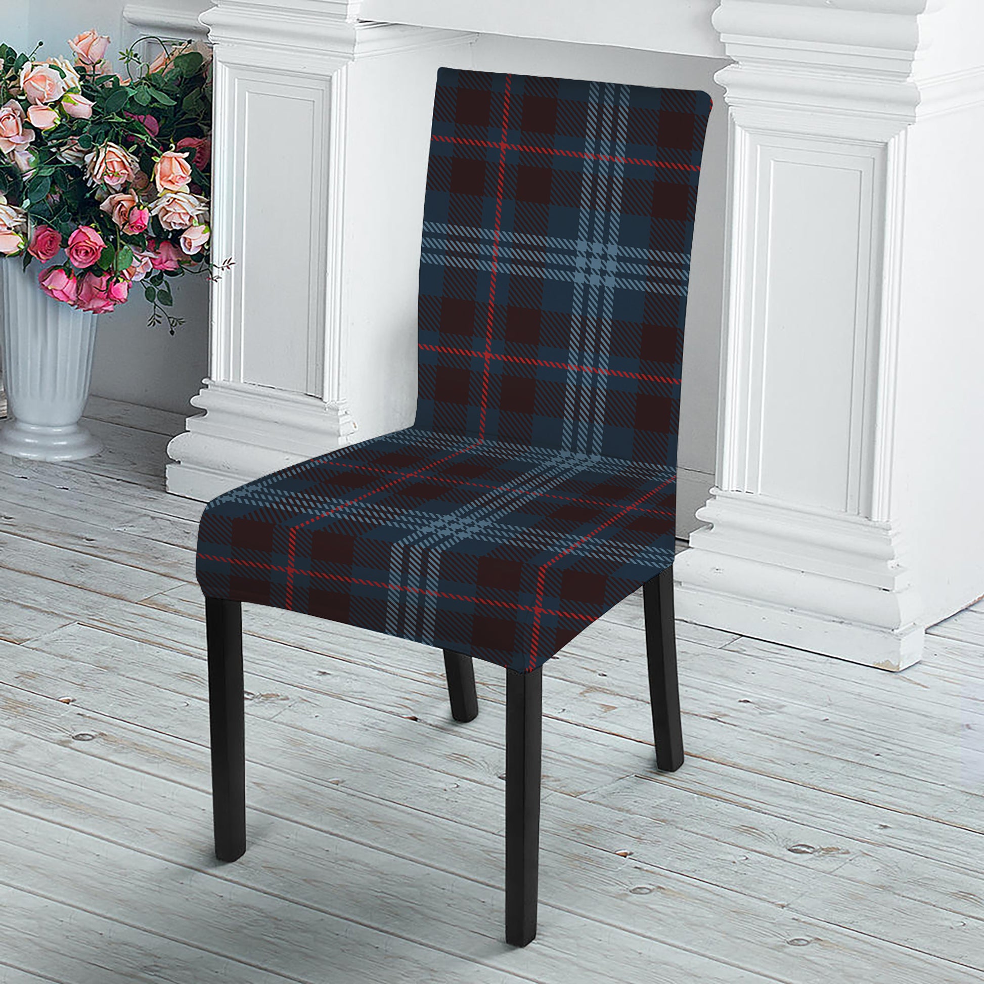 Dark Blue Tartan Pattern Print Dining Chair Slipcover