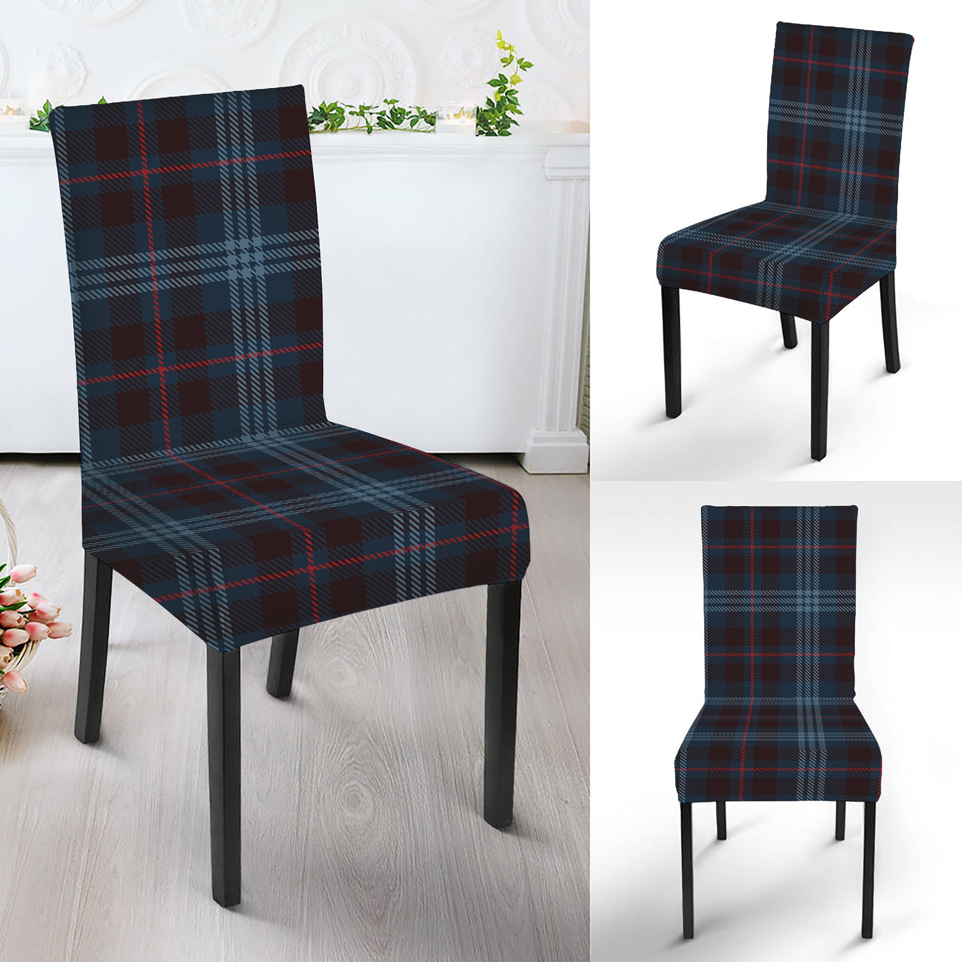Dark Blue Tartan Pattern Print Dining Chair Slipcover