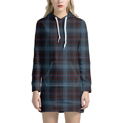 Dark Blue Tartan Pattern Print Hoodie Dress