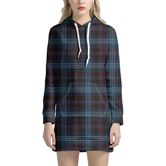 Dark Blue Tartan Pattern Print Hoodie Dress