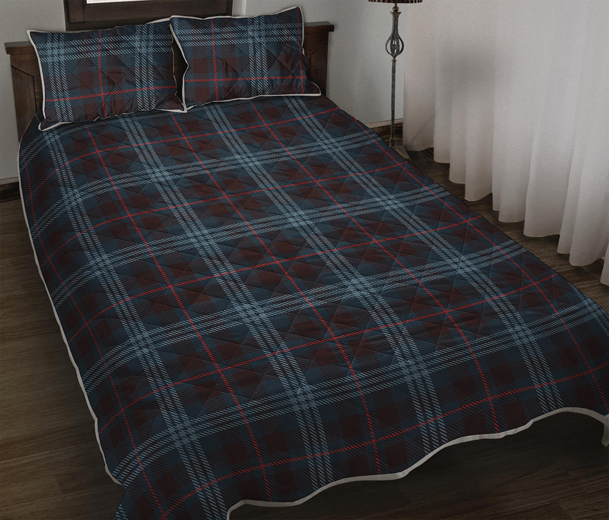 Dark Blue Tartan Pattern Print Quilt Bed Set