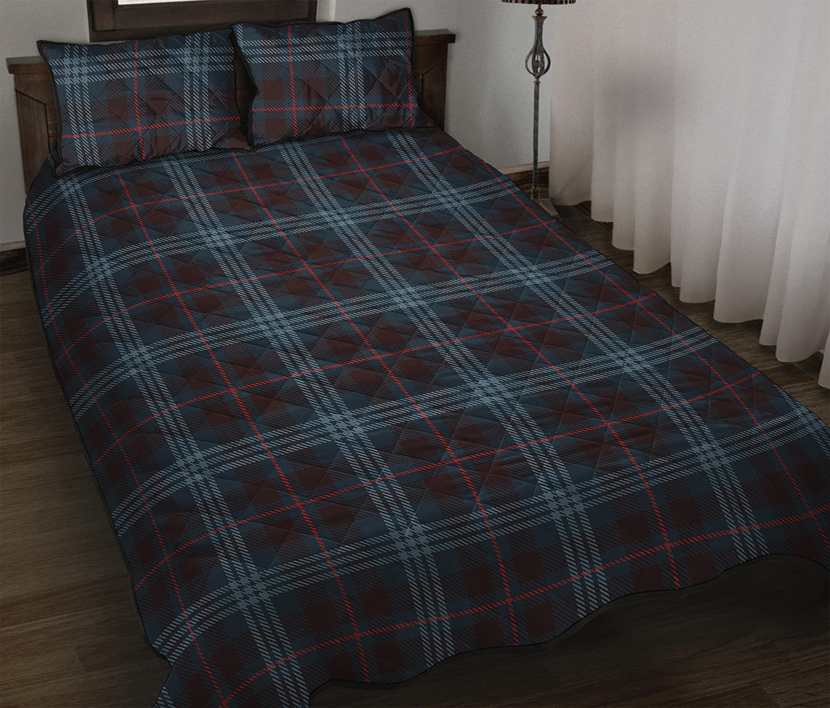 Dark Blue Tartan Pattern Print Quilt Bed Set