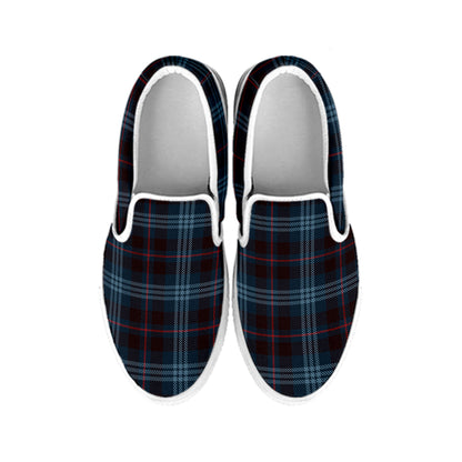 Dark Blue Tartan Pattern Print White Slip On Shoes