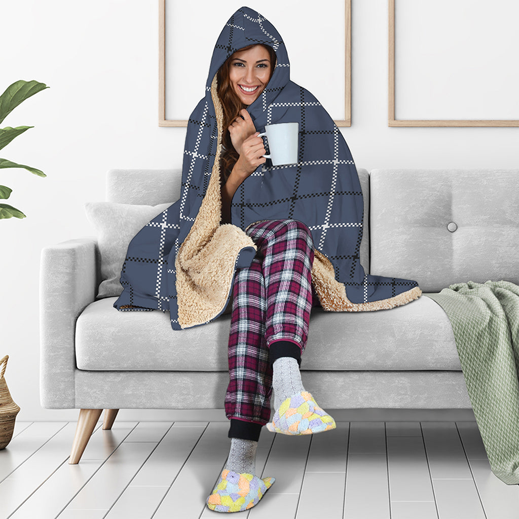 Dark Blue Tattersall Pattern Print Hooded Blanket