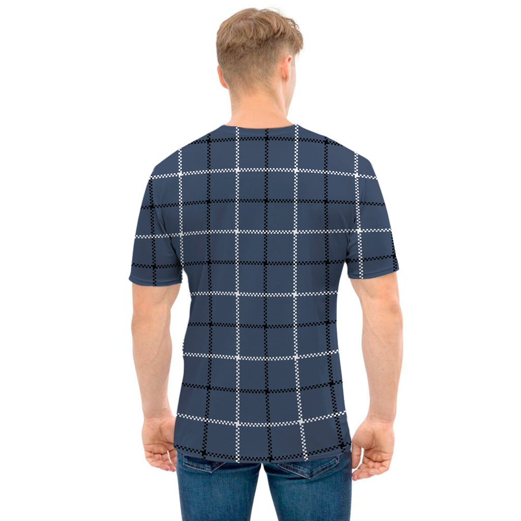 Dark Blue Tattersall Pattern Print Men's T-Shirt