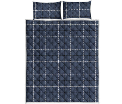 Dark Blue Tattersall Pattern Print Quilt Bed Set