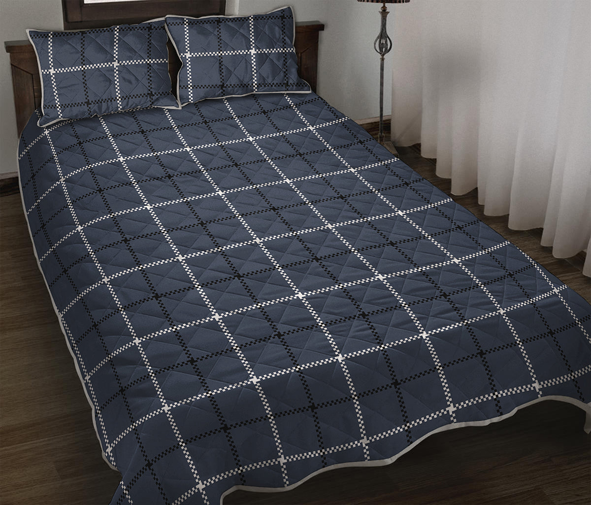 Dark Blue Tattersall Pattern Print Quilt Bed Set