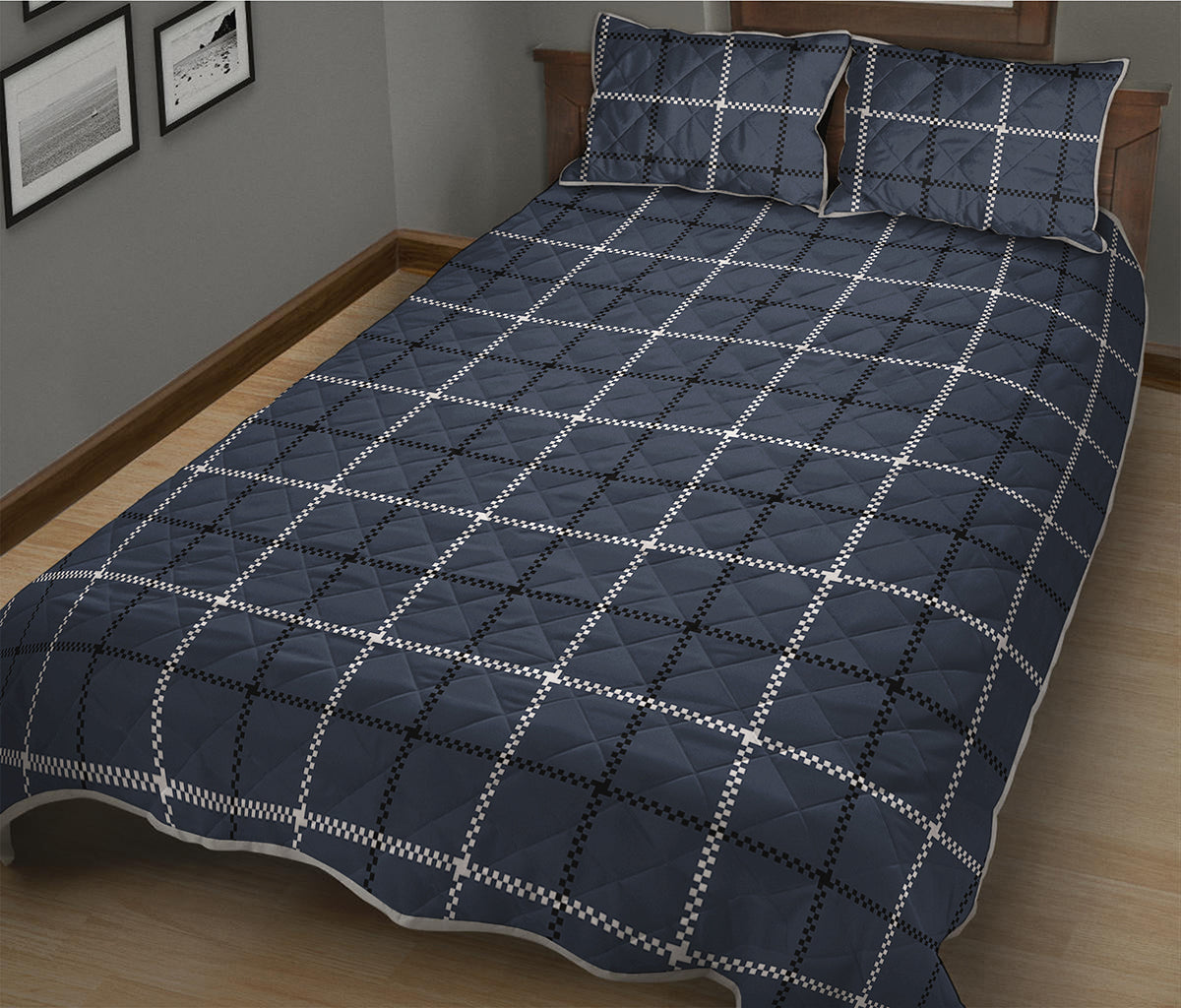 Dark Blue Tattersall Pattern Print Quilt Bed Set