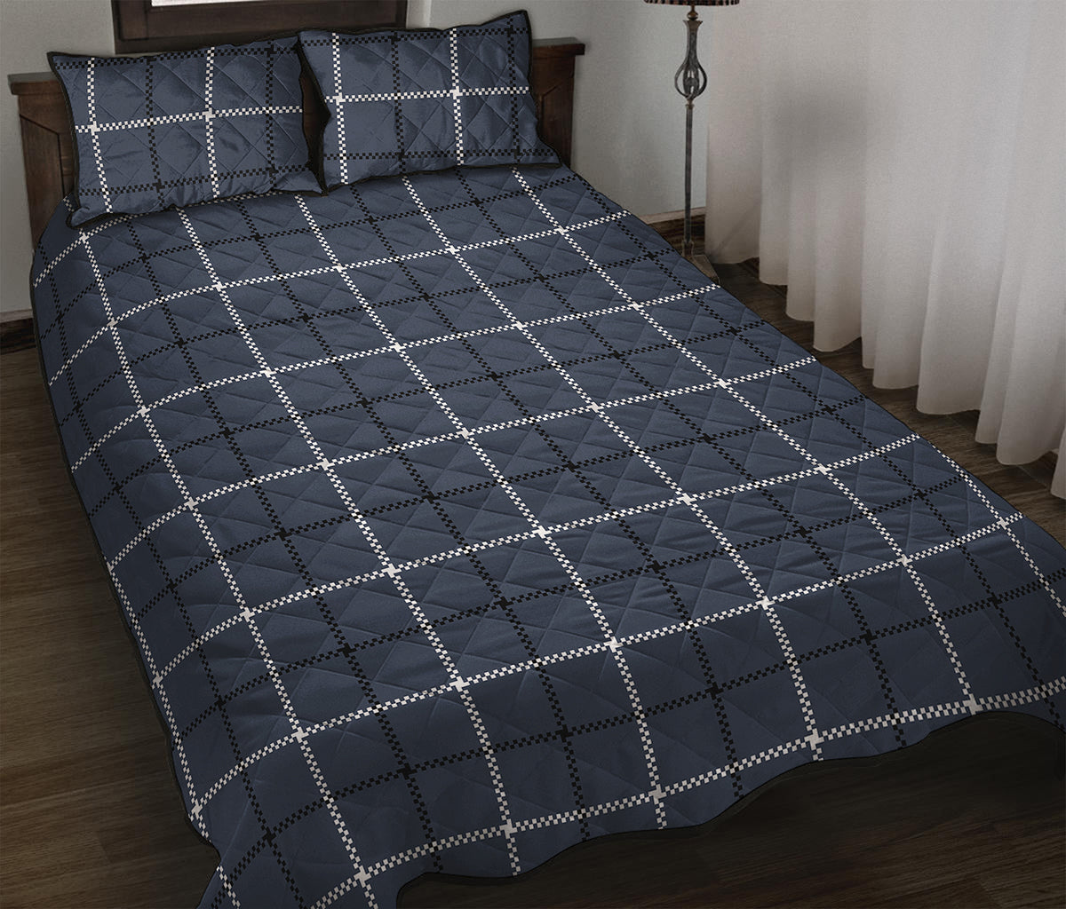 Dark Blue Tattersall Pattern Print Quilt Bed Set