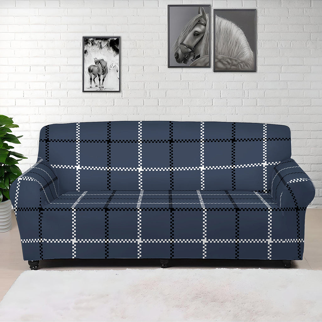 Dark Blue Tattersall Pattern Print Sofa Cover
