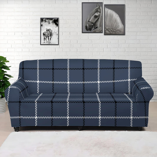 Dark Blue Tattersall Pattern Print Sofa Cover