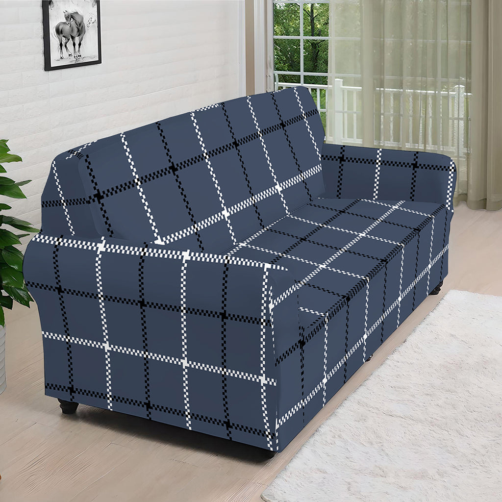 Dark Blue Tattersall Pattern Print Sofa Cover
