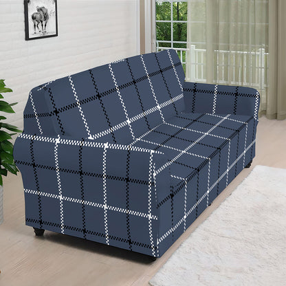 Dark Blue Tattersall Pattern Print Sofa Cover