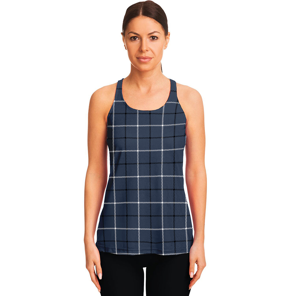 Dark Blue Tattersall Pattern Print Women's Racerback Tank Top