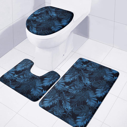 Dark Blue Tropical Leaf Pattern Print 3 Piece Bath Mat Set