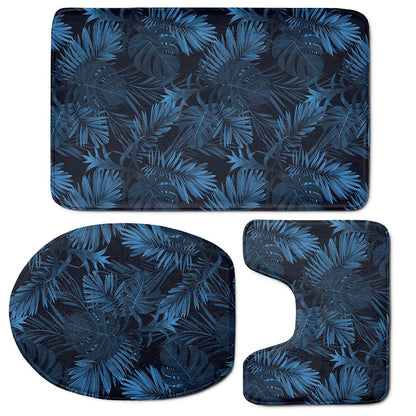 Dark Blue Tropical Leaf Pattern Print 3 Piece Bath Mat Set