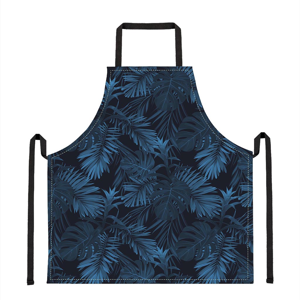 Dark Blue Tropical Leaf Pattern Print Apron