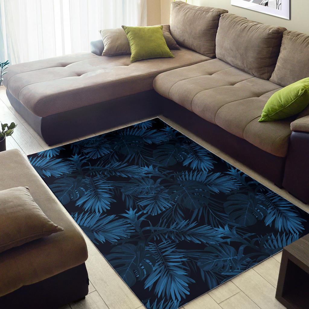 Dark Blue Tropical Leaf Pattern Print Area Rug GearFrost