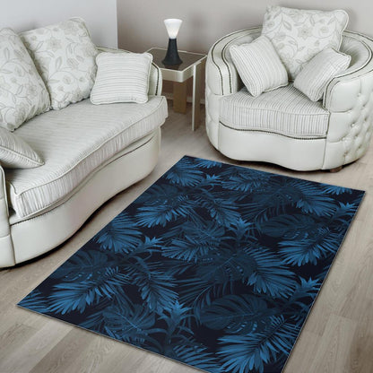 Dark Blue Tropical Leaf Pattern Print Area Rug GearFrost