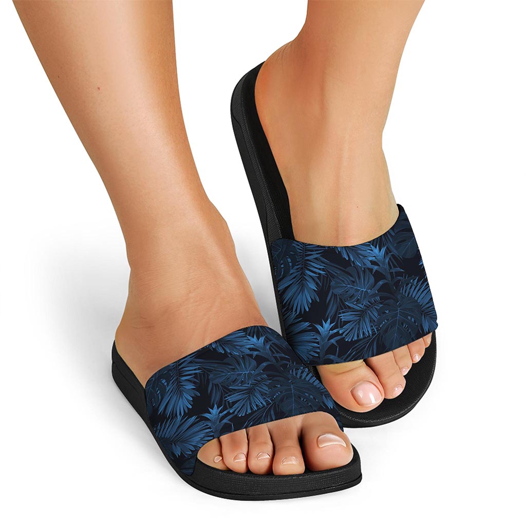 Dark Blue Tropical Leaf Pattern Print Black Slide Sandals