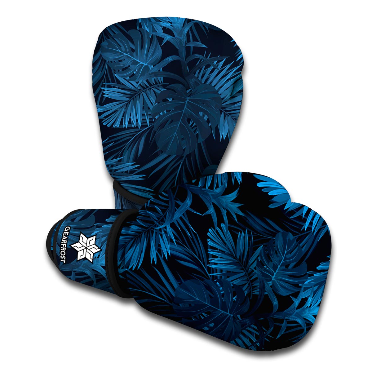 Dark Blue Tropical Leaf Pattern Print Boxing Gloves