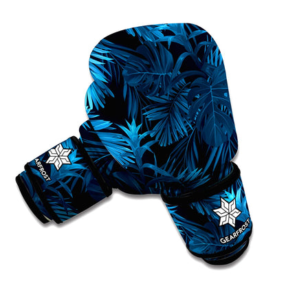 Dark Blue Tropical Leaf Pattern Print Boxing Gloves