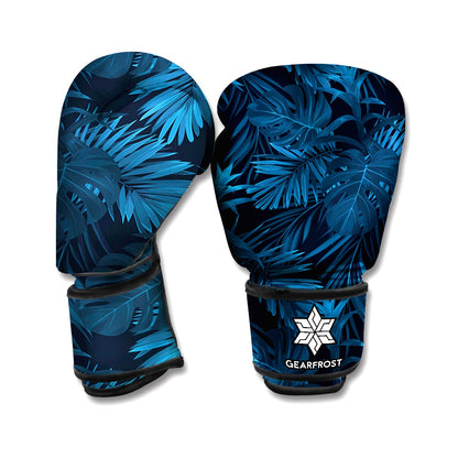 Dark Blue Tropical Leaf Pattern Print Boxing Gloves
