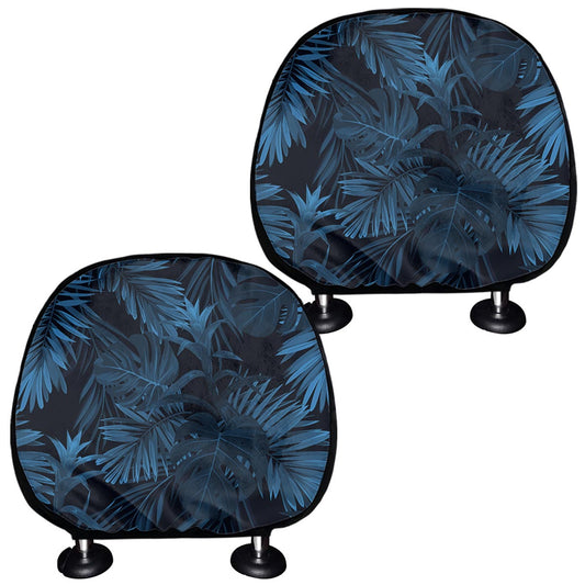 Dark Blue Tropical Leaf Pattern Print Car Headrest Covers