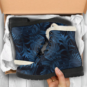 Dark Blue Tropical Leaf Pattern Print Comfy Boots GearFrost