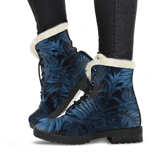 Dark Blue Tropical Leaf Pattern Print Comfy Boots GearFrost