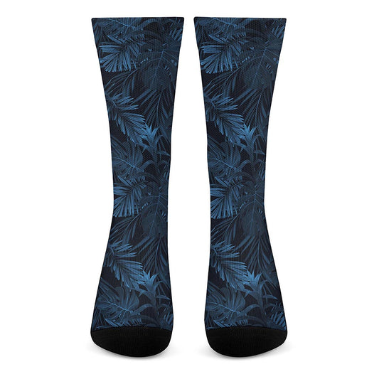 Dark Blue Tropical Leaf Pattern Print Crew Socks