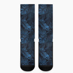 Dark Blue Tropical Leaf Pattern Print Crew Socks