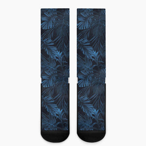 Dark Blue Tropical Leaf Pattern Print Crew Socks