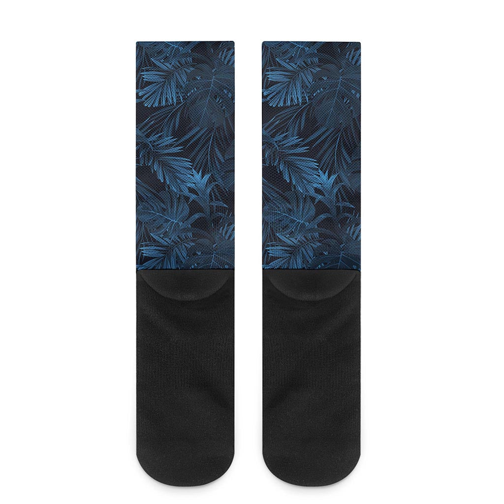 Dark Blue Tropical Leaf Pattern Print Crew Socks