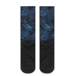 Dark Blue Tropical Leaf Pattern Print Crew Socks