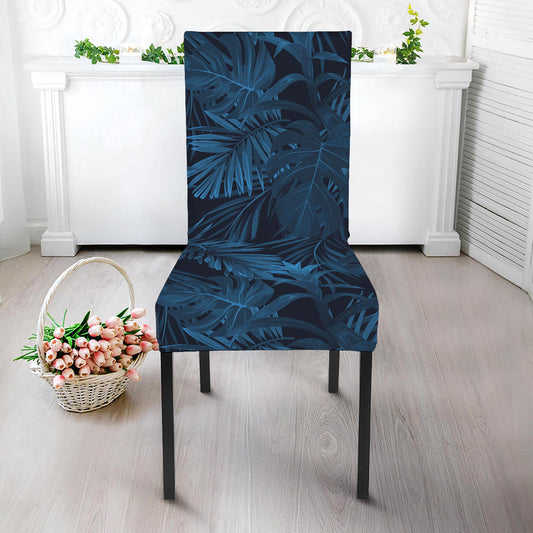 Dark Blue Tropical Leaf Pattern Print Dining Chair Slipcover